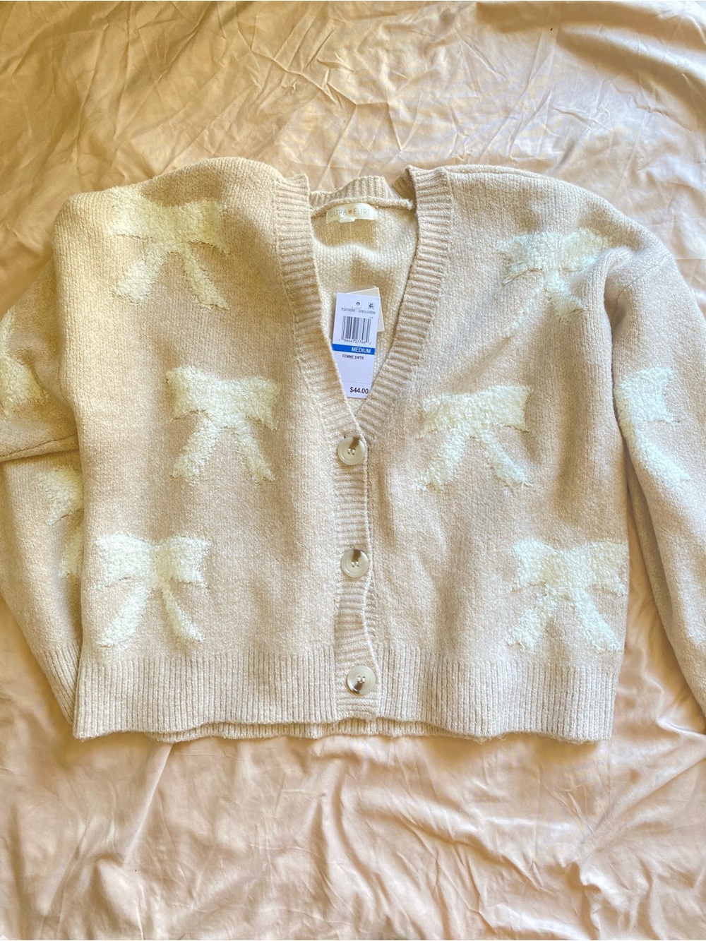 Ultra Flirt Cream Bow-Pattern V-Neck Cardigan